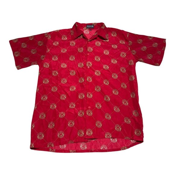 Ferugini Money Cash Symbol Patterned Red Button Up‎ Shirt Adult Large - Picture 1 of 3